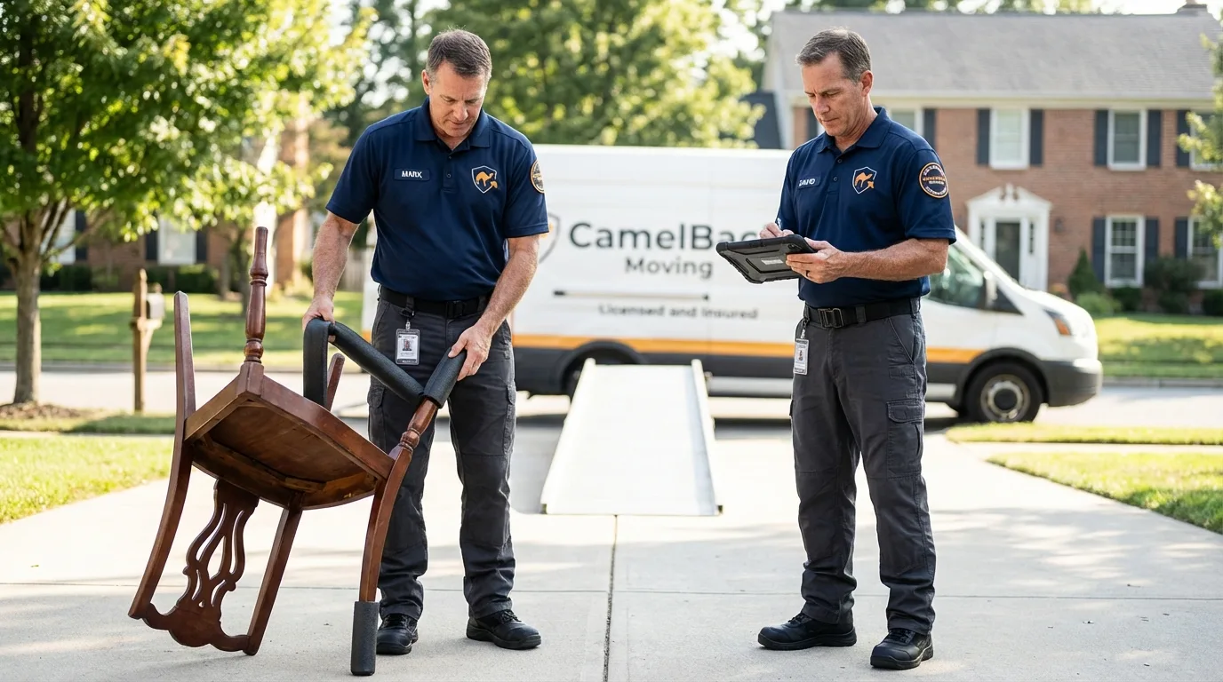 Movers inspecting furniture for damage prevention before loading in Davenport, WA
