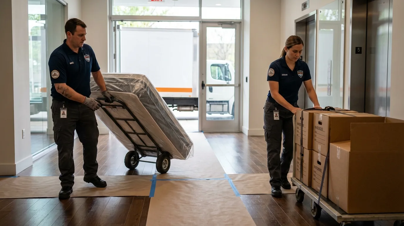 Professional apartment movers loading elevator in Davenport, WA