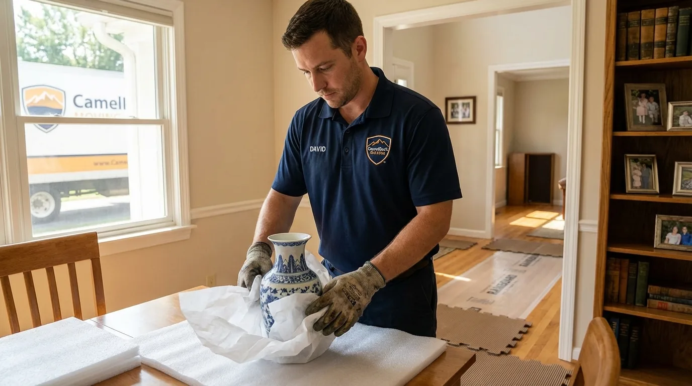 Professional crew carefully wrapping antique vase for senior downsizing move in Davenport, WA